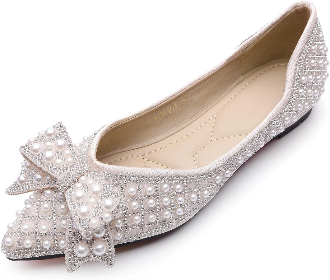 Women's Rhinestone Flats Pointed Toe Low Heel Wedding Shoes Comfortable Women Dress Shoes ﻿ | Amazon (US)