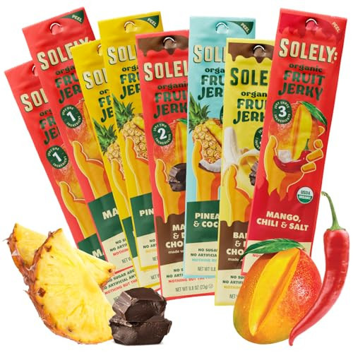 SOLELY - Organic Fruit Jerky Variety Pack - 8 Flavors, 8 Individually Wrapped Fruit Strips - Fruit Leather - Healthy Snacks for Adults & Kids - Non GMO, Vegan - 0.8oz (23g) | Amazon (US)