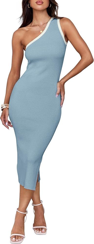 ZESICA Women's Summer One Shoulder Bodycon Midi Dresses 2024 Casual Sleeveless Ribbed Knit Side S... | Amazon (US)