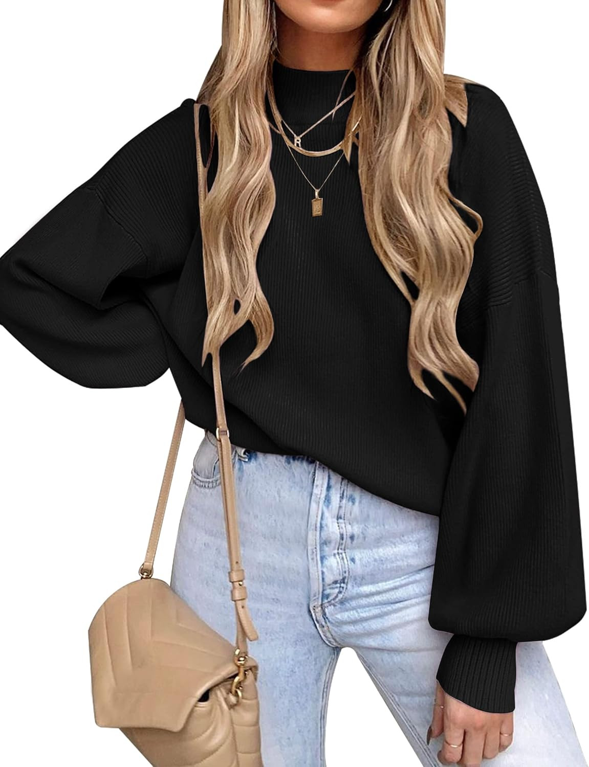 ZESICA Women's Casual Turtleneck Long Lantern Sleeve Oversized Ribbed Knit Pullover Sweater Jumper T | Amazon (US)