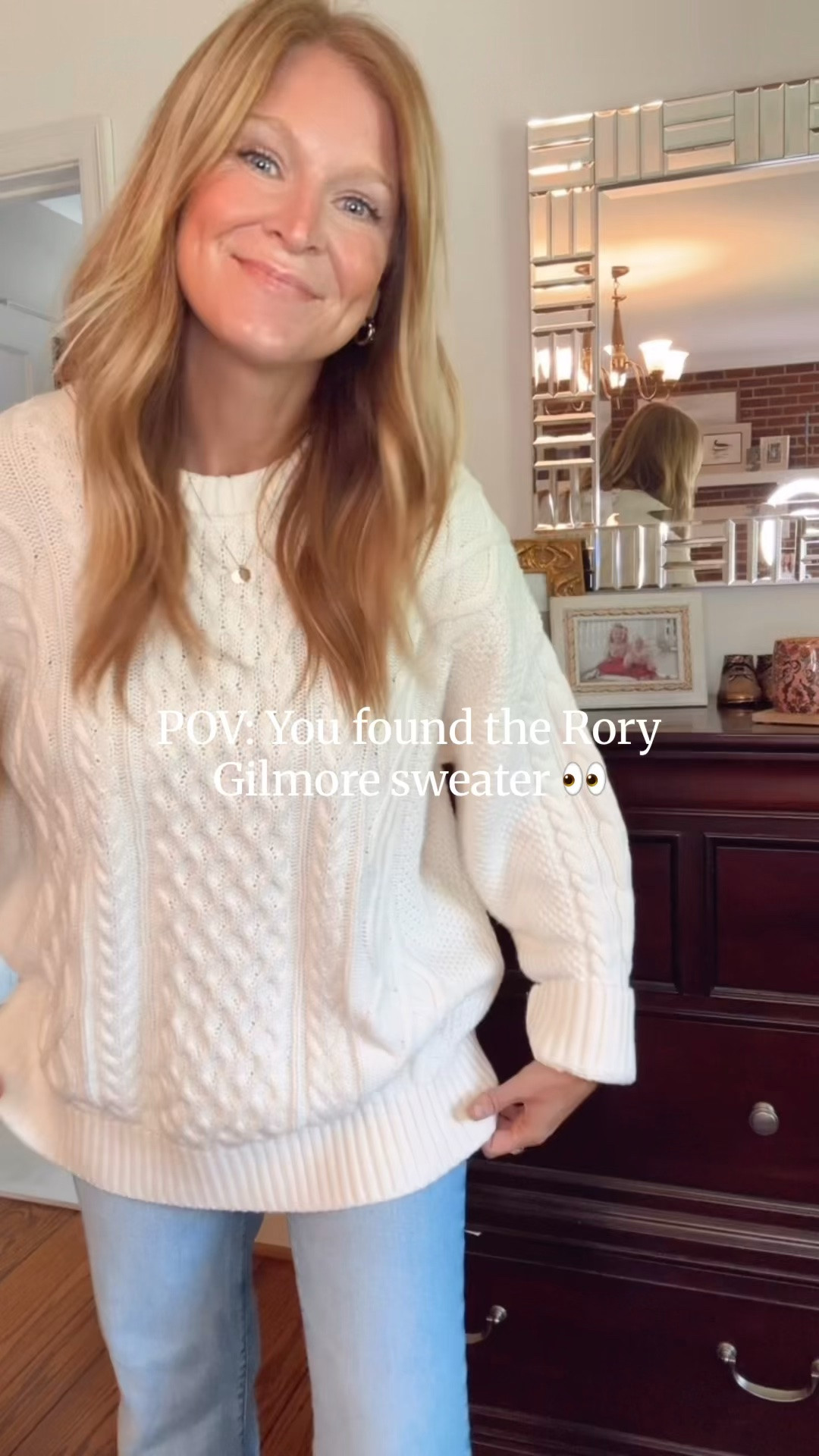 The perfect Rory Gilmore sweater from gap! Oversized and 100% cotton. I’m in size L.