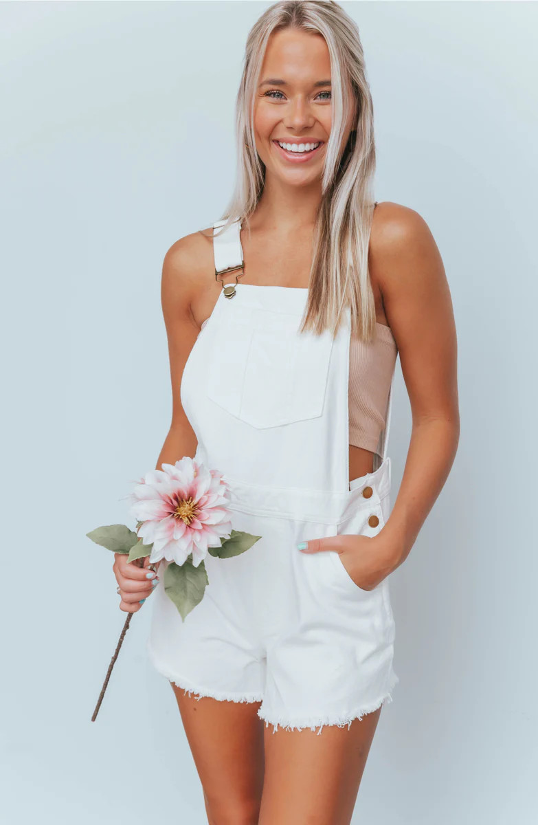 Neighborhood Crush White Denim Short Overalls | Apricot Lane Boutique
