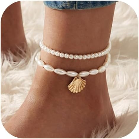 Boho Pearl Anklet Layered Ankle Bracelets Beaded Scallop Pendant Foot Chain Jewelry for Women | Amazon (US)