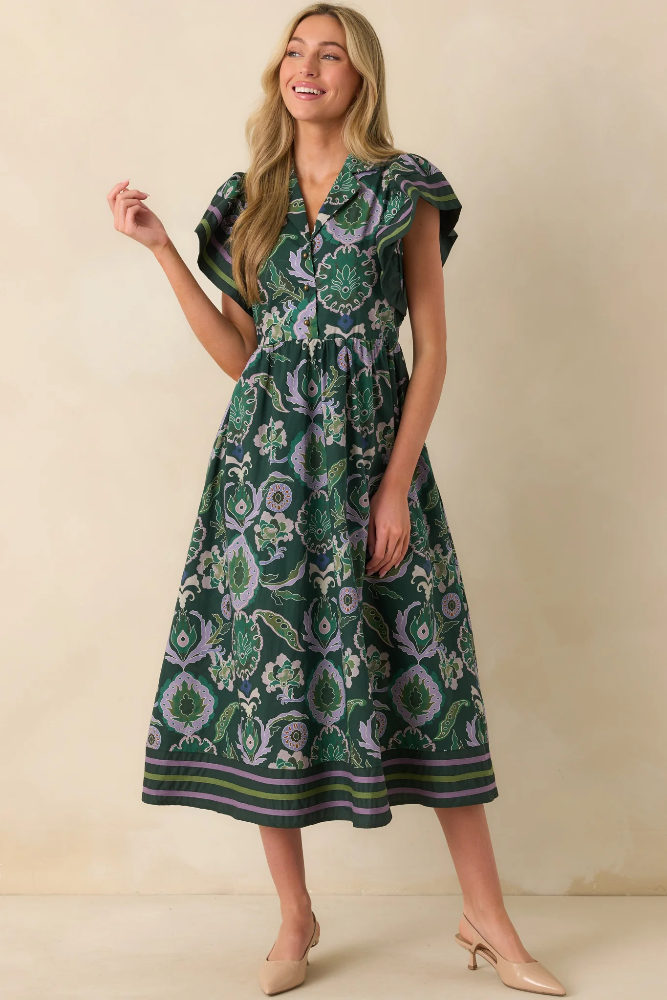 Still Thinking About Her Green Multi Print Cotton Midi Dress | Red Dress