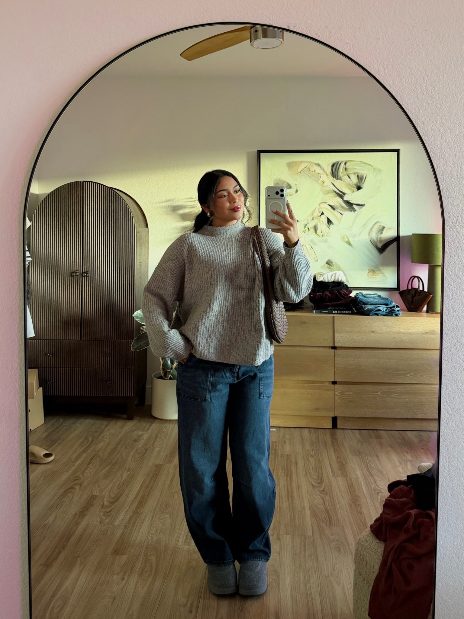 casual comfy fall fit🩶 outfit details below:
•old navy sweater (SO comfy, love the mock turtleneck sweater, runs true to size wearing a L)
•warp+wreft barrel jeans (runs true to size) 
•allbirds slippers (SO supportive & fuzzy on the inside) 

#LTKMidsize #LTKSeasonal #LTKFindsUnder50