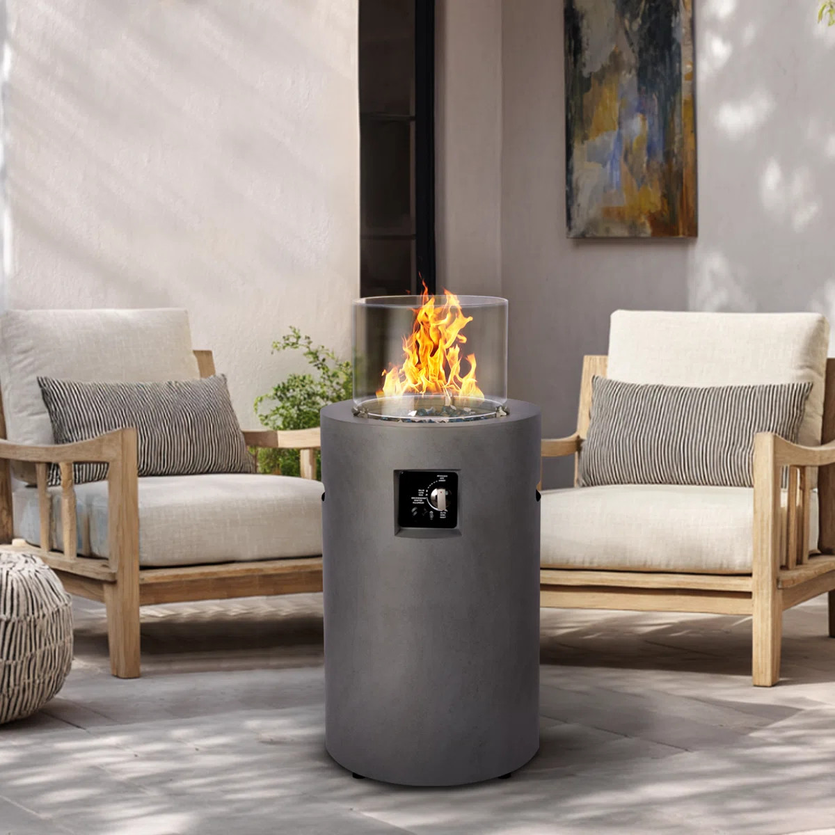 Propane Smokeless Fire Column, 50,000 Btu Outside Gas Fire Pit with Glass Wind Guard, Glass Rocks... | Wayfair North America