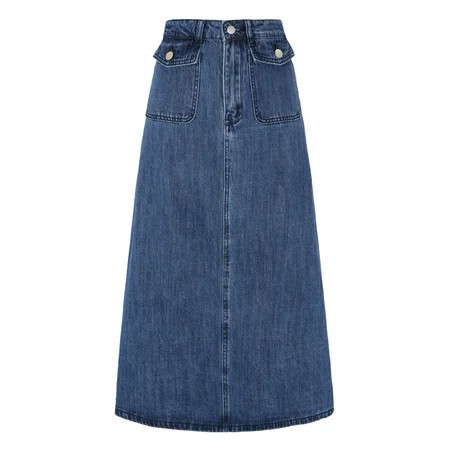 DARING DIVA Women s High Waisted Flap Pocket A-Line Vintage Denim Maxi Skirt L Mid-Blue | Walmart (US)