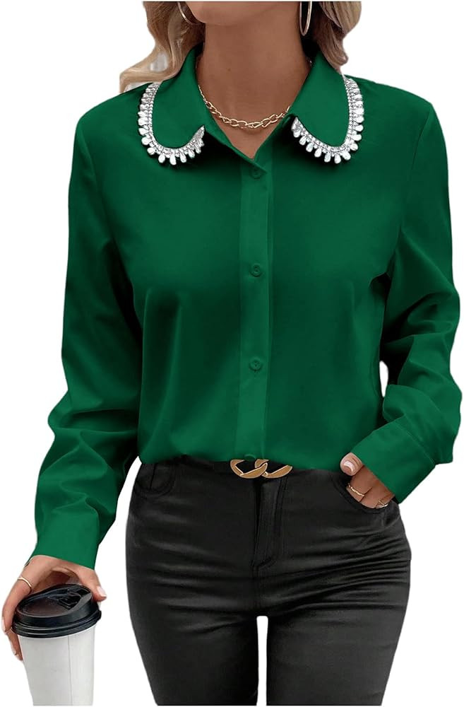 SweatyRocks Women's Long Sleeve Button Down Blouses Rhinestone Decor Work Tops | Amazon (US)