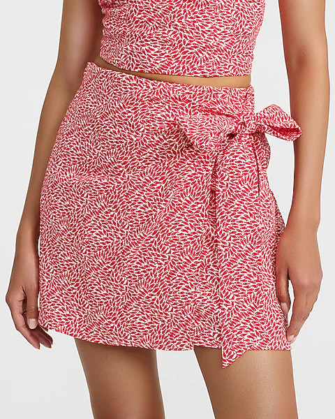 Summer-blend Linen Printed High Waisted Tie Wrap Mini Skirt | Express