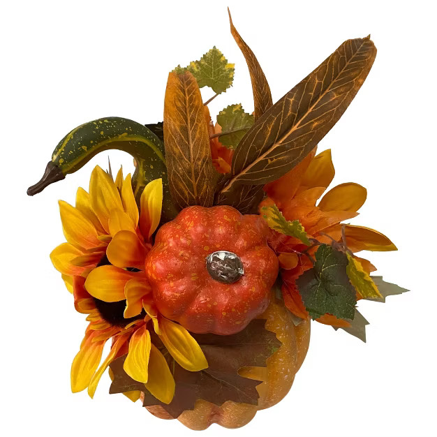Northlight 14.75" Yellow Sunflower and Mum Filled Pumpkin Thanksgiving Decor | Target