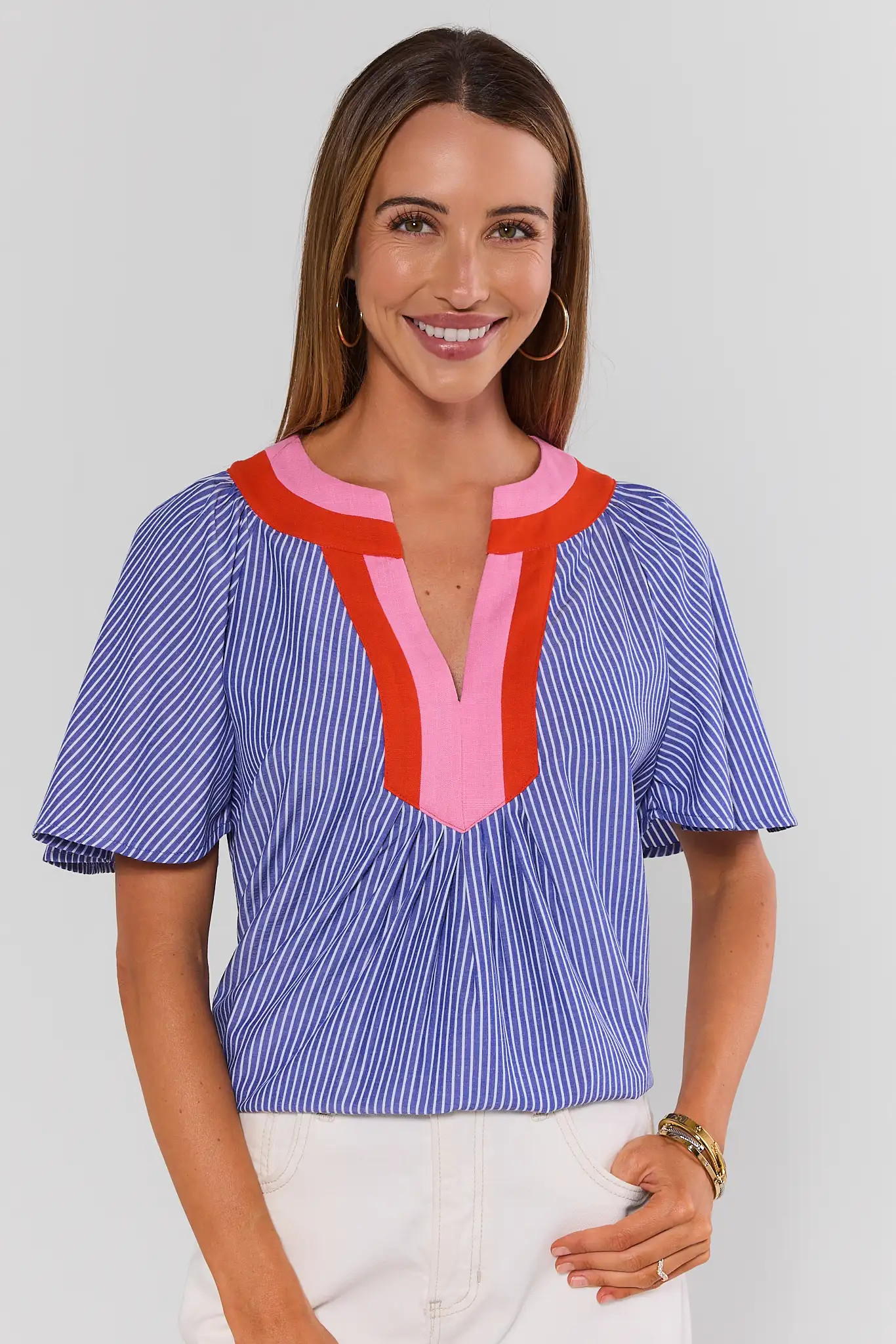 Navy Striped Split Neck Top by THML | Avara