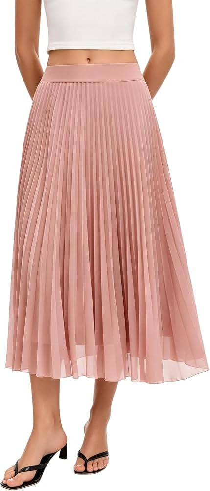 QINSEN Women's Elegant Flowy Pleated Chiffon Skirts Summer A-line Swing Midi Skirts Casual Elastic Waist Soft Lining | Amazon (US)