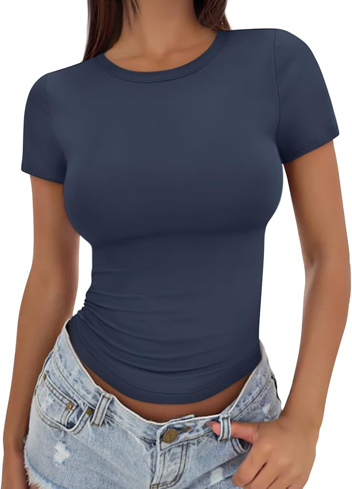 Womens Basic T Shirts - Stretchy Soft Slim Fit Short Sleeve Y2k Cute Summer Crop Workout Tops | Amazon (US)