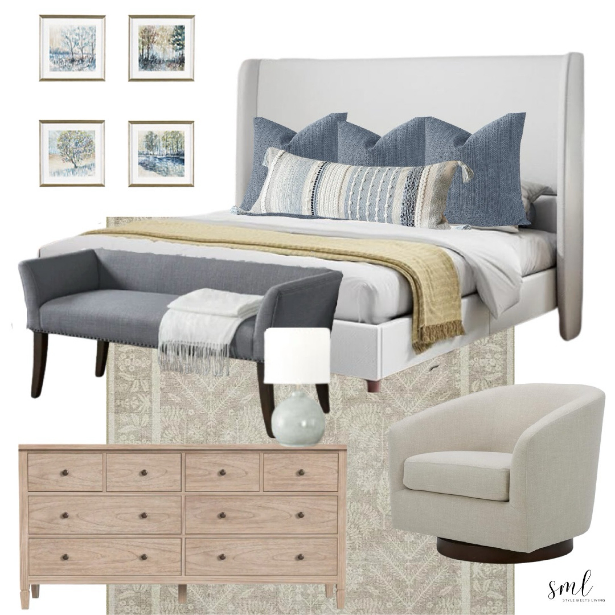 Create your dream coastal bedroom with this serene, beach-inspired design! The clean white bed sets the tone for relaxation, while soft blue pillow accents bring in soothing ocean hues. A neutral rug and a cozy swivel chair add texture and comfort, making the space feel airy and inviting. Complete the look with these beautiful watercolor prints. Whether you’re near the coast or simply love the calming vibes, these furniture and decor pieces will bring the beach to your bedroom. Shop now to elevate your space!