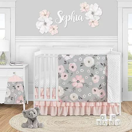 Sweet Jojo Designs Grey Watercolor Floral Baby Girl Nursery Crib Bedding Set - 4 Pieces - Blush Pink | Walmart (US)