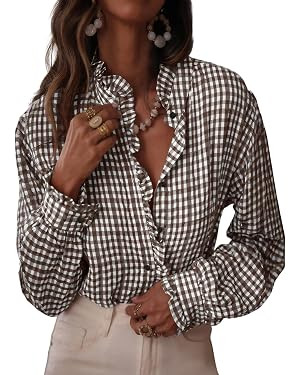 Astylish Womens Plaid Ruffle V Neck Button Down Blouse Casual Long Sleeve Gingham Trendy Tops Wor... | Amazon (US)