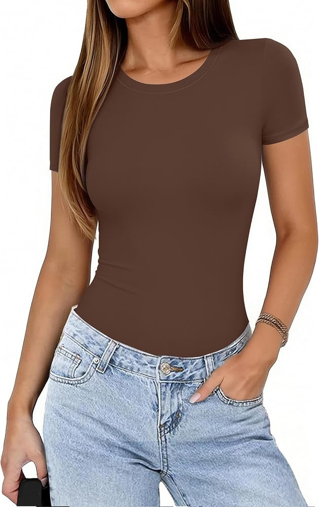 Avidlove Women's Short Sleeve Bodysuit Crew Neck Thong Body Suits Basic T-shirts Body Suit Going ... | Amazon (US)