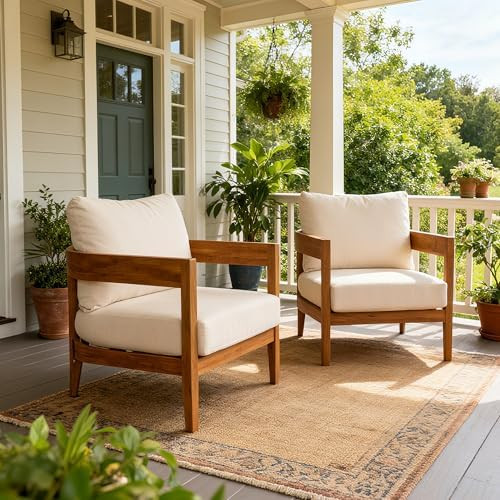 Merax Set of 2 Outdoor Acacia Wood Frame 2pcs Chairs with Cushions for Patio,Garden | Amazon (US)