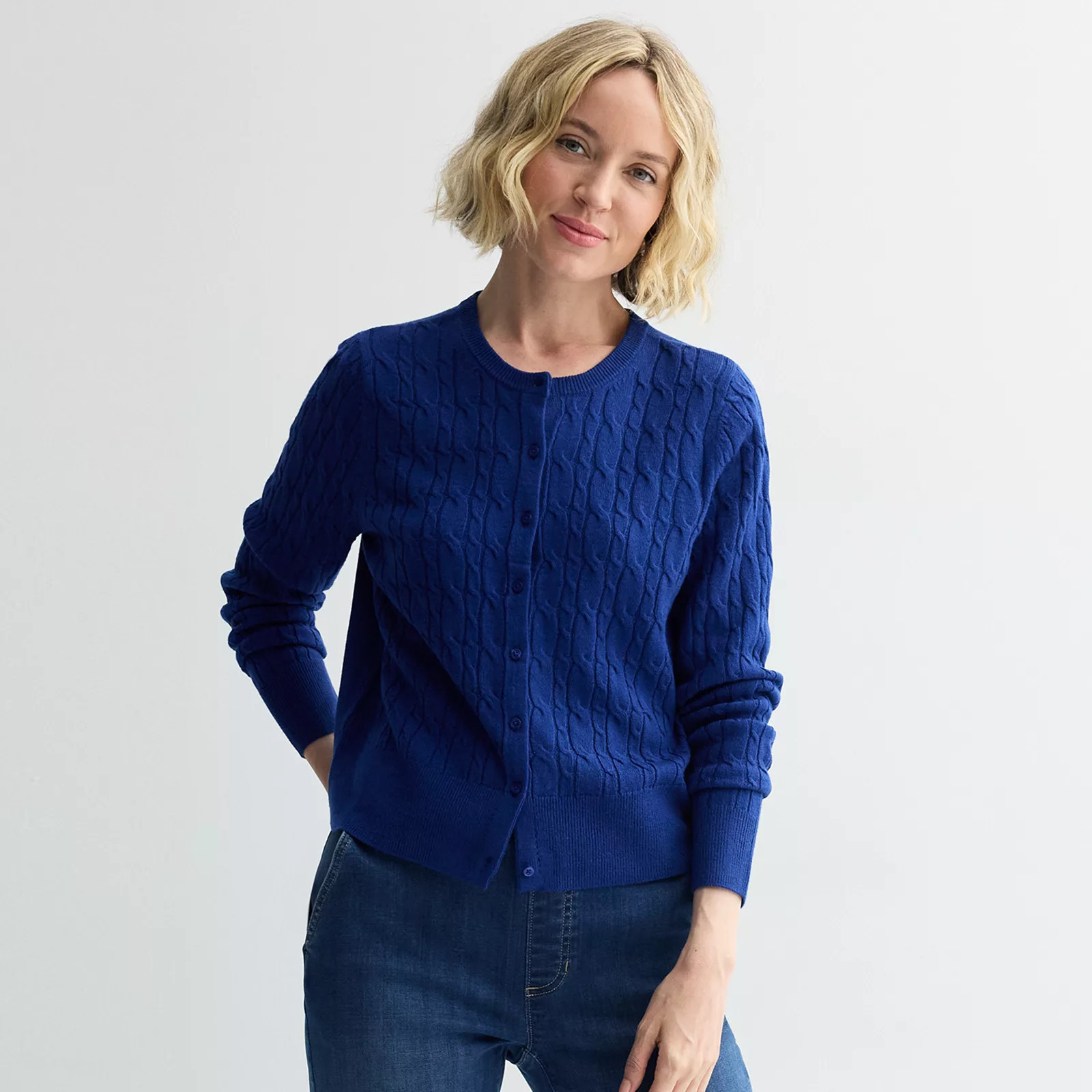 Women's Croft & Barrow® Extra Soft Classic Cable Knit Cardigan, Size: Medium, Flynn Blue | Kohl's
