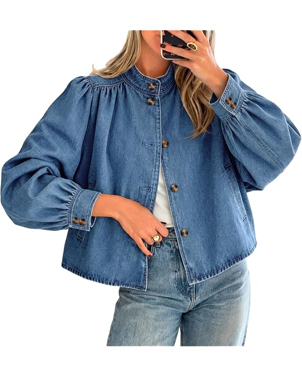 Womens Puff Long Sleeve Jean Jacket Casual Stand Collar Button Down Denim Jackets Loose Fit Tops | Amazon (US)
