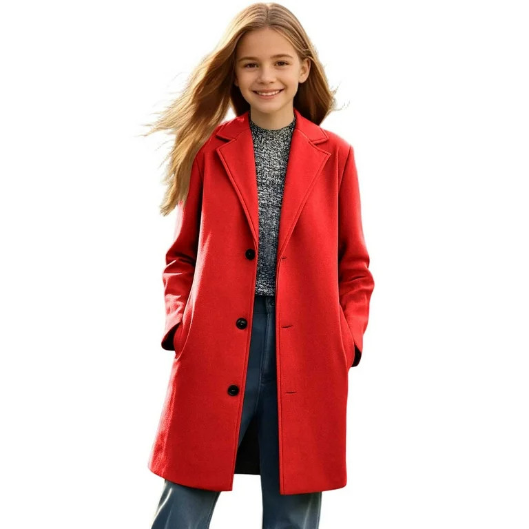SuTry Girls Solid Color Long Wool Coat Lapel Button Outerwear with Pockets Fall Winter Vacation C... | Walmart (US)