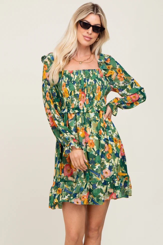 Green Floral Chiffon Ruffle Dress | PinkBlush Maternity