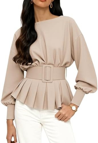 EsheSy Women's Peplum Sweatshirt Long Sleeve Boat Neck Button Cuffs Pleated Top Casual Pullover T... | Amazon (US)
