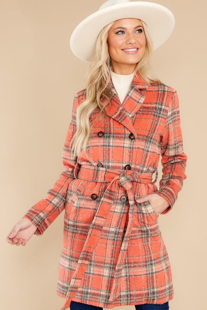 Always A Possibility Coral Orange Plaid Coat | Red Dress 