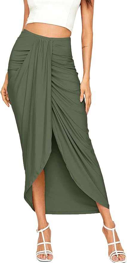 SheIn Women's Casual Slit Wrap Asymmetrical Elastic High Waist Maxi Draped Skirt | Amazon (US)