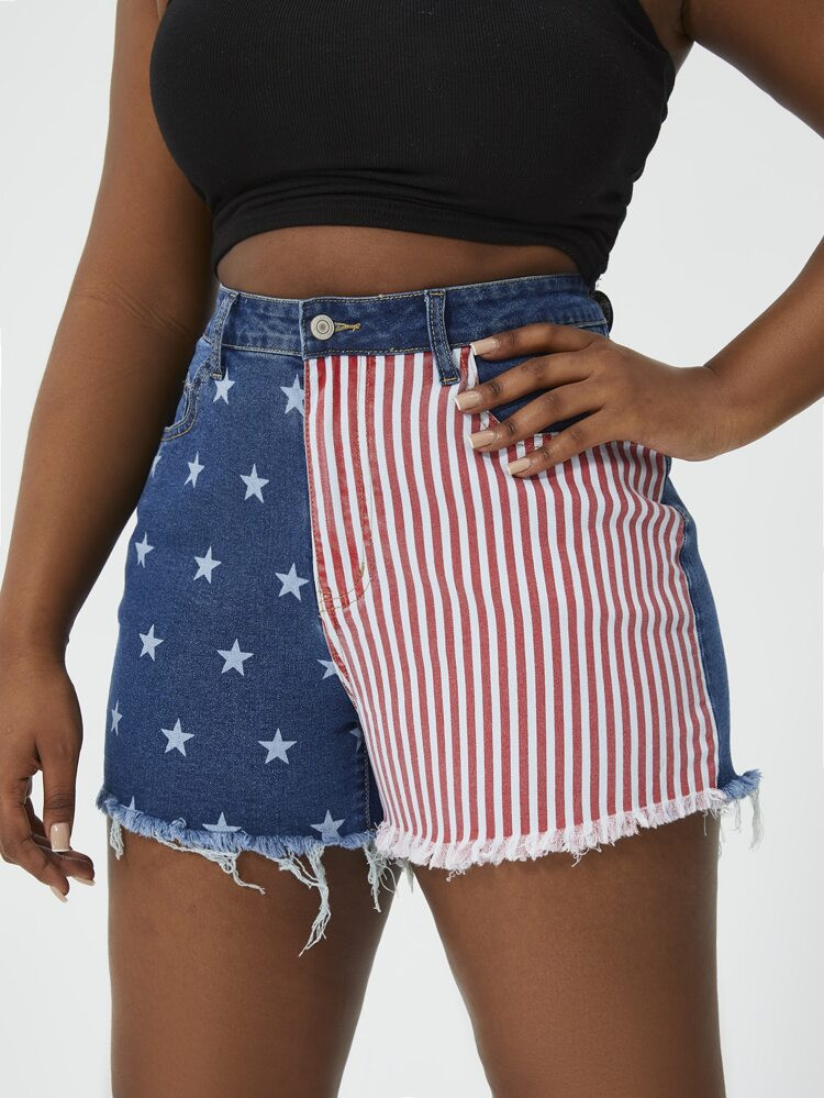 SHEIN SXY Plus American Flag Print Raw Cut Denim Shorts | SHEIN