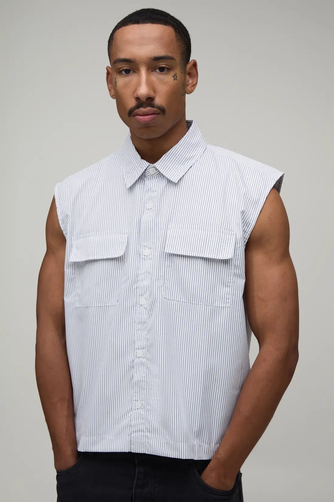 White Oversized Boxy Stripe Sleeveless Shirt | BOOHOOMAN USA | boohooMAN (US & Canada)