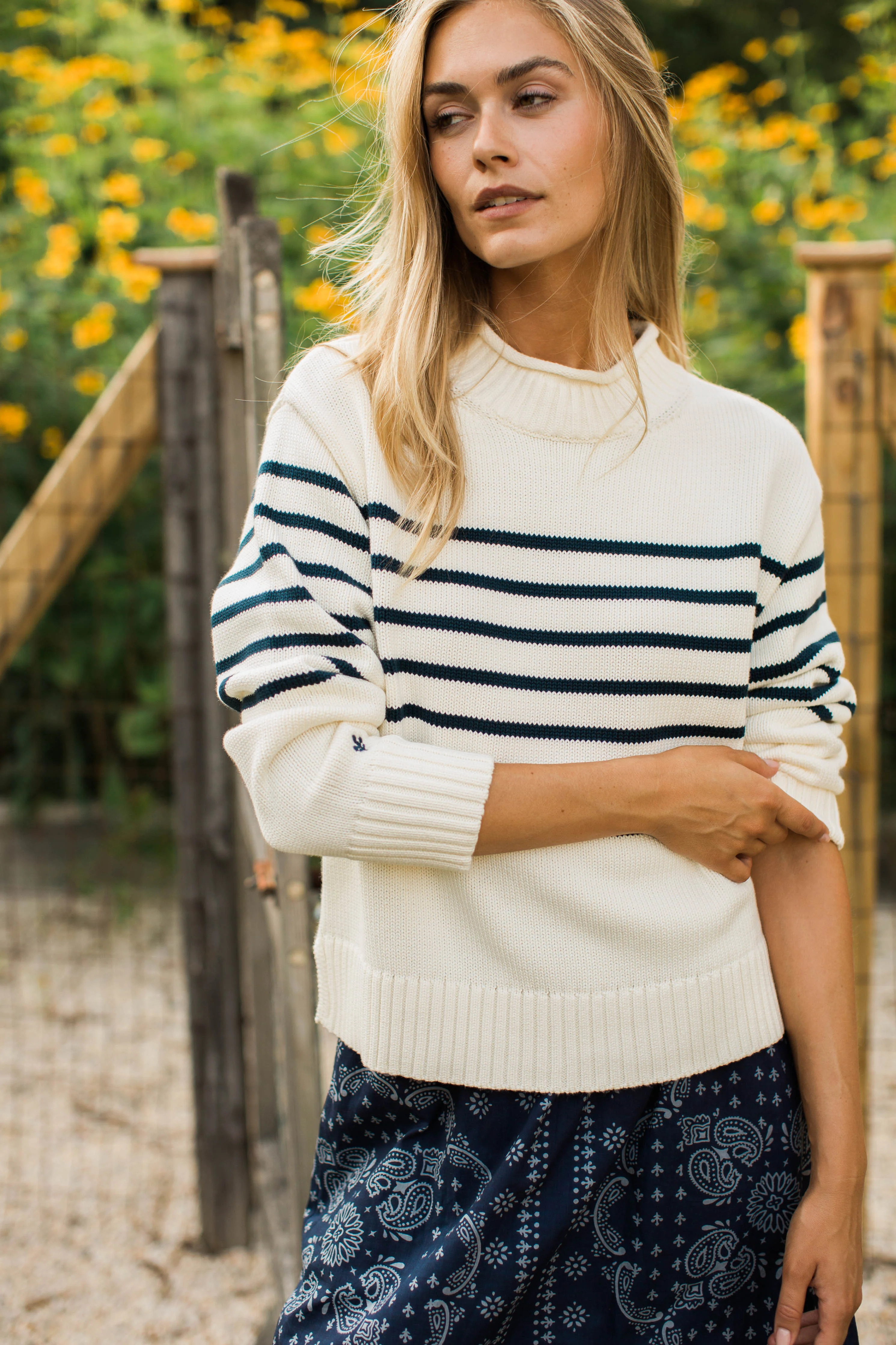 Millie Cotton Rollneck Sweater - Ivory/Navy Stripe | Marea