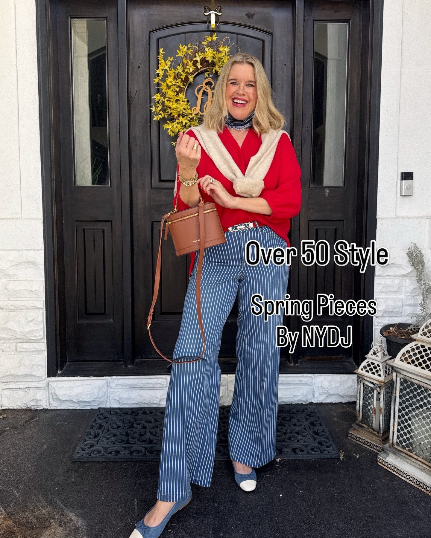 Spring Wardrobe Basics 
By NYDJ youll wear on repeat 

Outfit inspo

Red blouse with pleated  shoulder & back details  fits tts I am in a med

Pinstriped chambray blue and white strip wide leg light weight pants.
So comfortable you’ll wear on repeat.
Pair with any colors tts in a size 6

Cashmere sweater by cotes of London ( I linked similar from quince for better price points) 
Tts 

Cap toe chambray ballet glares by loft (old) linked similar 

Lester bag by Paris 64 
One of my favorite little bags 

Red streak h belt with gold buckle (best seller) 2 pack so affordable

Allie & Bess bracelets stack 
Save 20% off with code: DARCY20


#LTKootd #LTKWorkwear #LTKOver40