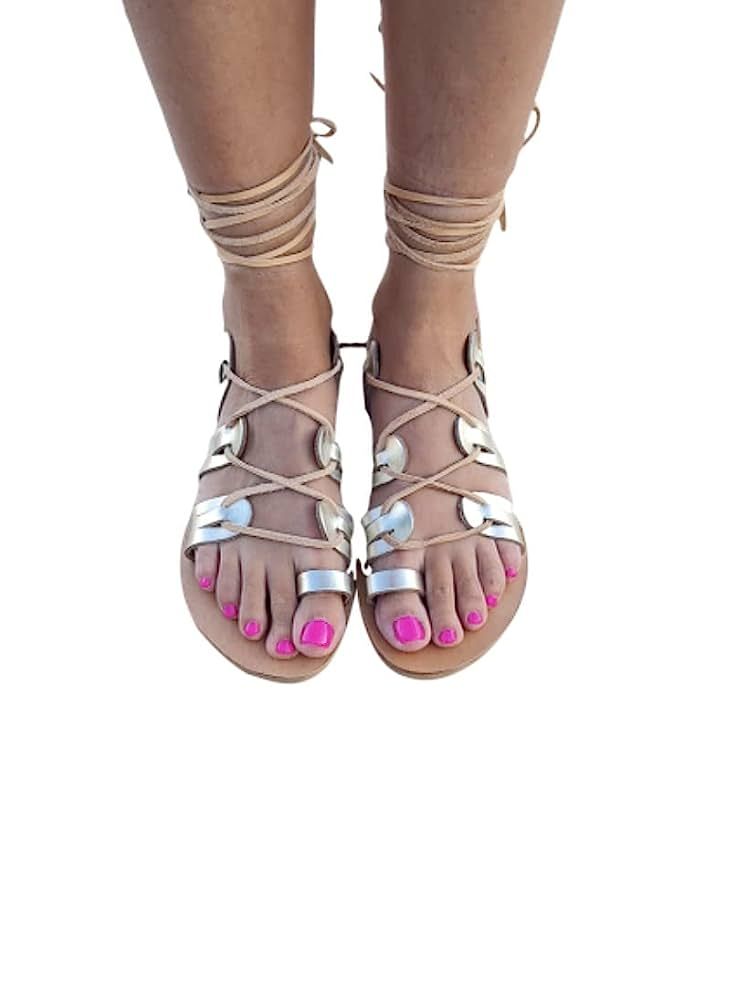 Gold Tie Up Greek Leather sandals, Greek Leather Sandals, Handmade Sandals, Tie up Gladiator Sand... | Amazon (US)