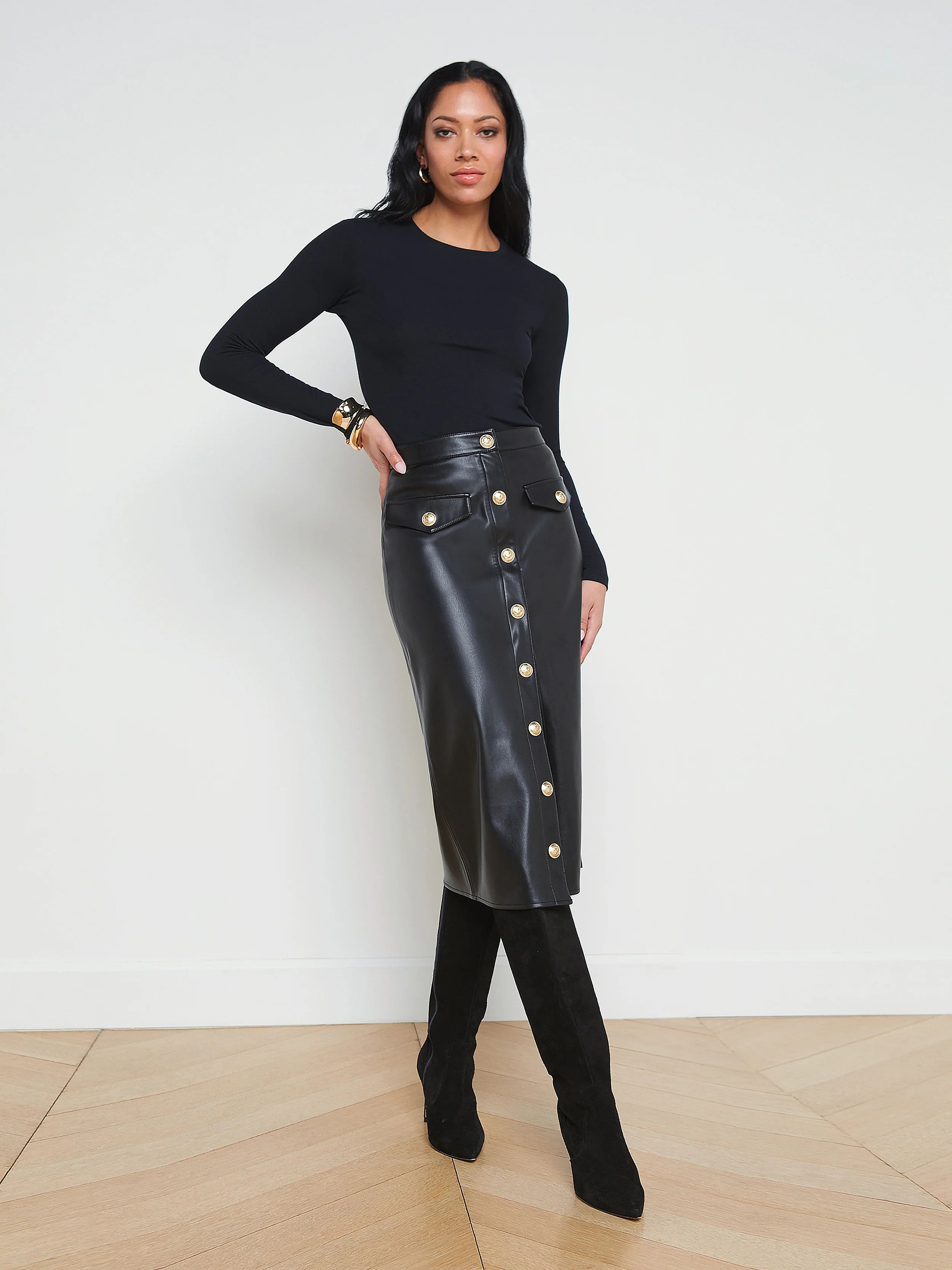 L'AGENCE - Milann Faux Leather Button Midi Skirt in Black | L'Agence
