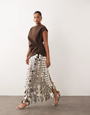 ARRANGE Curve futurist sequin fringe hem midi skirt in silver tone | ASOS (Global)