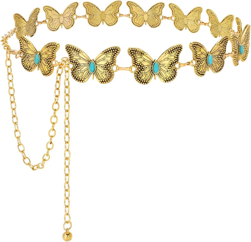 SANSTHS Women Butterfly Chain Belt Western Metal Belt Waist Chains Belt for Dresses Jeans | Amazon (US)