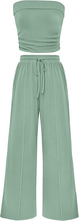 PRETTYGARDEN Womens Summer Outfits 2 Piece Sets Casual Ribbed Knit Crop Tube Top Wide Leg Pants S... | Amazon (US)
