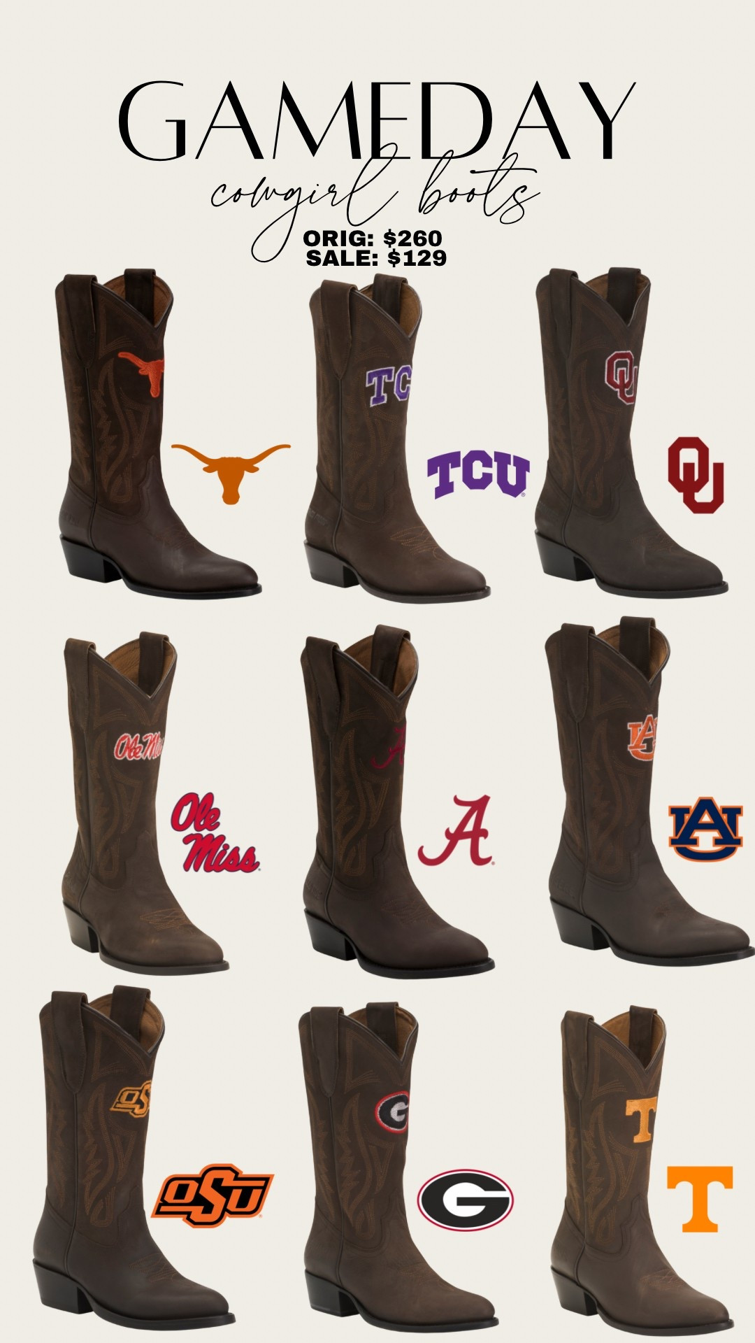 Normally $260 but TJ Maxx has these in stock right now for $129!!! College football Gameday western boots 

#LTKSaleAlert #LTKShoeCrush #LTKSeasonal