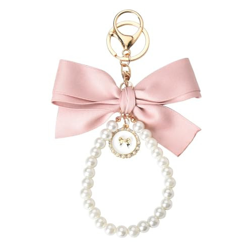 Pink Pearl Chain Bow Keychain for Women - Car Keys, Purse, and Backpack Accessory - Cute Small Keychains | Amazon (US)