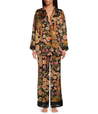 Dreamy Days Allover Printed Satin Notch Collar Long Sleeve Wide Leg Oversized Pajama Set | Dillard's