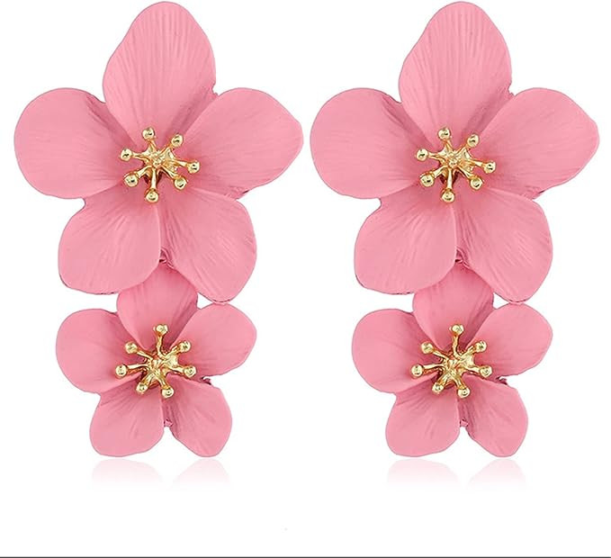 D.Rosse Large Metal Double Flower Matt Earring Chic Statement Dangle Drop Wedding Earrings For Wo... | Amazon (US)
