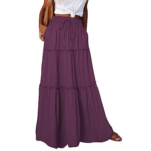 Flowy Maxi Skirts for Women Casual Bohemian Long Skirt with Pockets Drawstring High Waisted Hippie Ruffle Pleated Skirt Pull On Maci Patchwork A Line Midi Peasant Skirts Beach Maternity Clothes | Amazon (US)