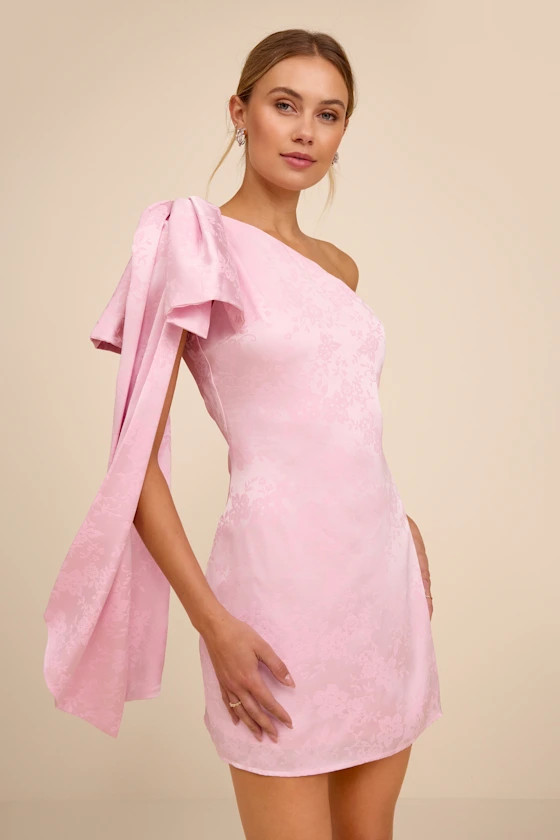 Jayda Light Pink Satin Jacquard One-Shoulder Sash Mini Dress | Lulus
