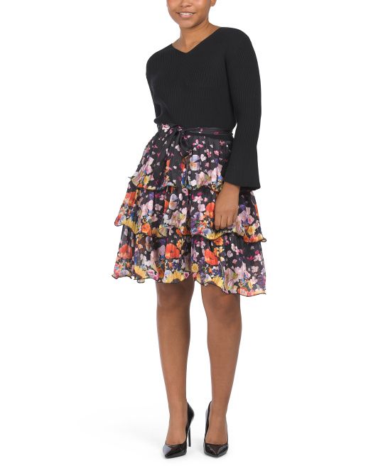 Tiered Floral Dress With Ribbed Knit Bell Sleeve Top | TJ Maxx