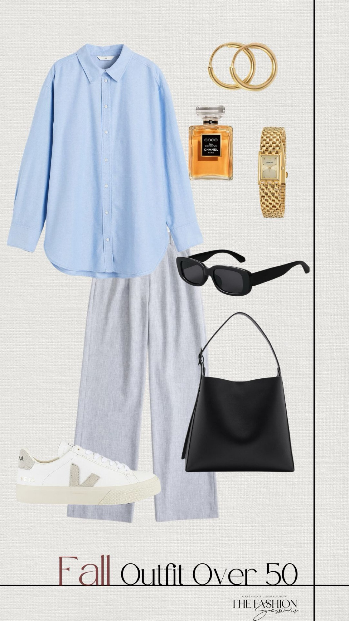 Fall Outfits Over 50 | Blue Button Down | Gray Tailored Pant | Black Bag | Sunglasses | Gold Watch | 

#LTKStyleTip #LTKSeasonal #LTKShoeCrush