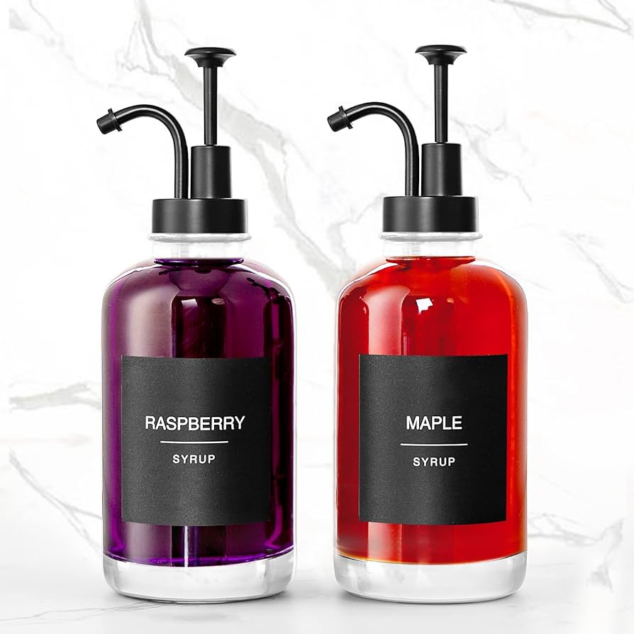 Glass Coffee Syrup Dispenser with 84 Labels (Set of 2), Fancy Pump Dispenser for Bar Accessories,... | Amazon (US)