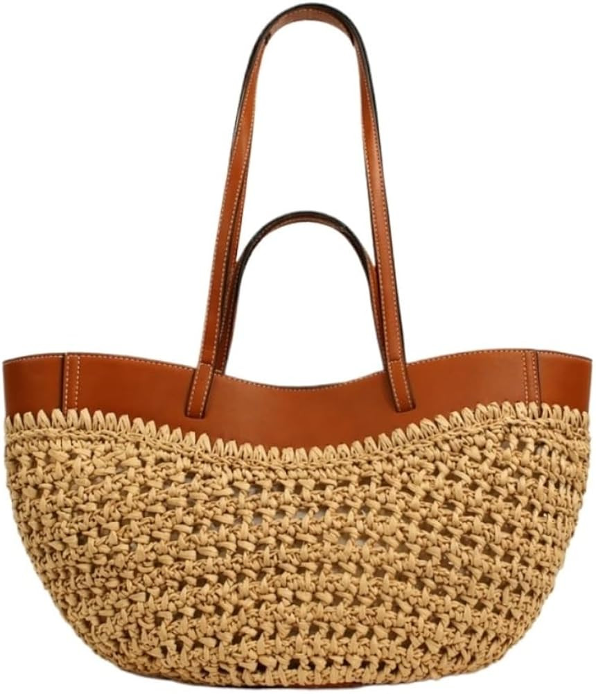 Casual Versatile Straw Woven Tote Bag with Leather Trim, Beach Shoulder Bag 16.9x7.9in | Amazon (US)