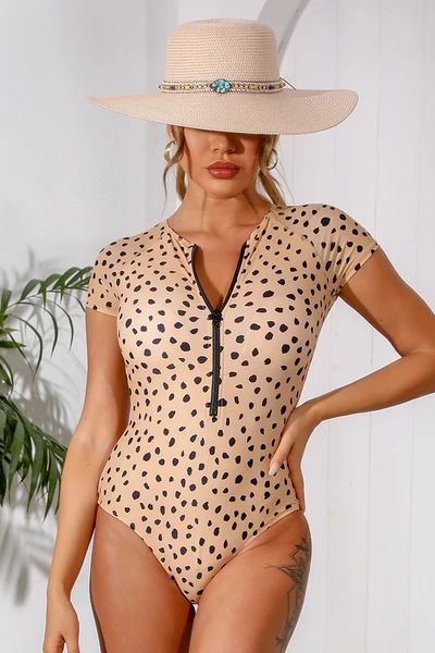 Cheetah Short Sleeve Zip Front One Piece Swimsuit | Cupshe