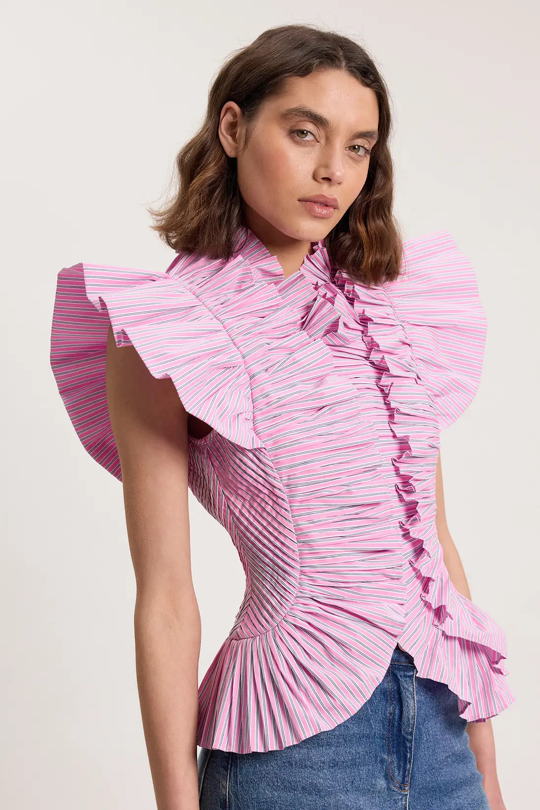 Pleated Stripe Ruffle Sleeve Woven Top | Karen Millen